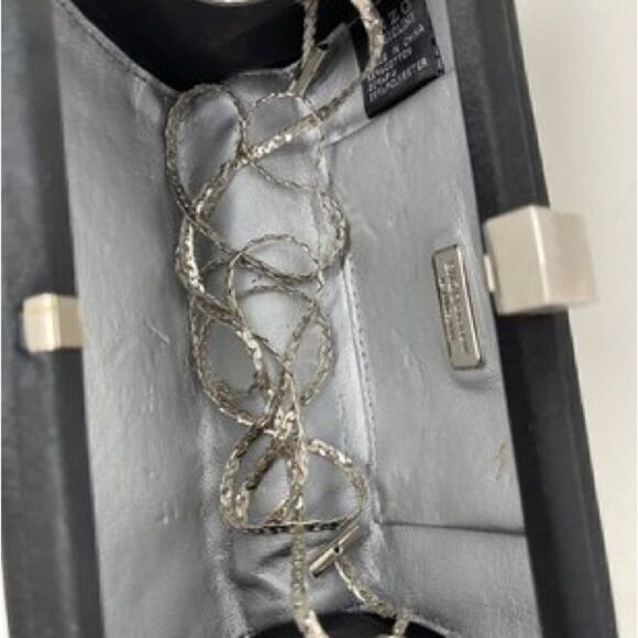 Enzo Angolini NWOT Black Sateen Clutch Bag with Silver Tone Chain & Top Clasp. - Picture 5 of 5